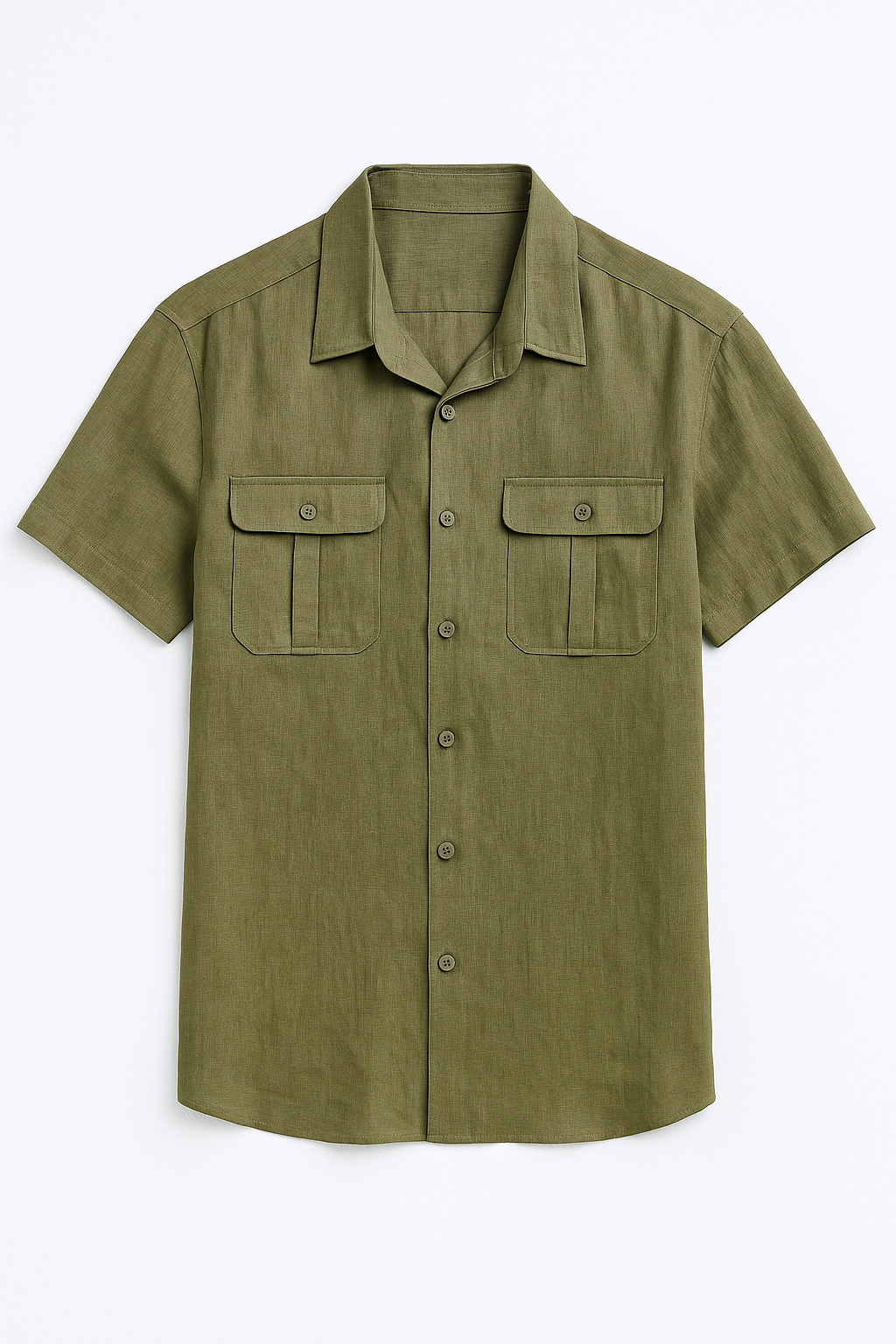 Men's Top Clothes : Chemise Lin Homme Manches Courtes avec Poche, Estivale Casual Respirante dans Vert militaire de Marche Lino