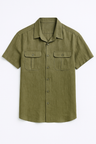men's shirt : Chemise Lin Homme Manches Courtes avec Poche, Estivale Casual Respirante dans Vert militaire de Marche Lino