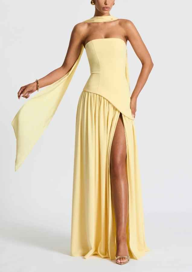 Maxi Dress : Robe longue fluide fendue femme - Élégante, confortable, sans bretelles avec ruban dans Jaune de Marche Lino