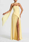 Maxi Dress : Robe longue fluide fendue femme - Élégante, confortable, sans bretelles avec ruban dans Jaune de Marche Lino