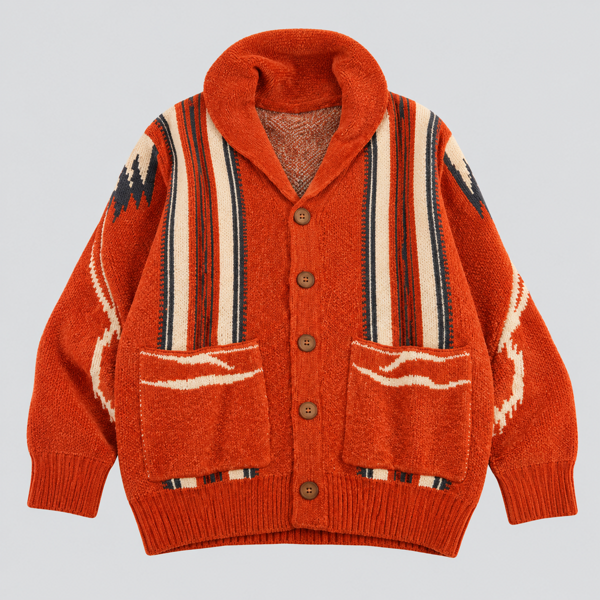 men's cardigan : Cardigan Homme en Chenille à Boutons avec Motif Géométrique Vintage dans Red de Marche Lino
