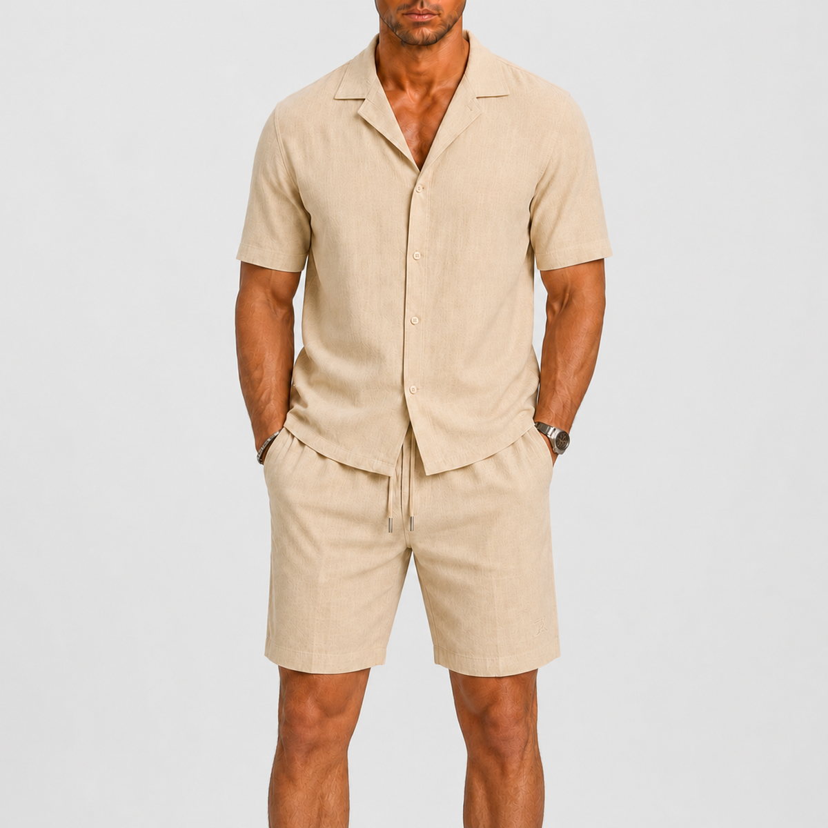 Sets : Ensemble en pour Homme Élégance Estivale Décontractée dans Beige de Marche Lino