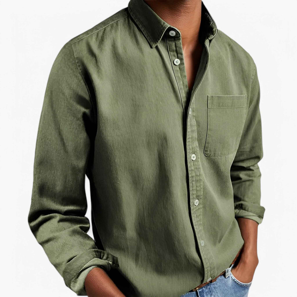 Men's Top Clothes : Chemise Cargo Homme Résistante en Coton avec Plusieurs Poches, Manches Longues dans Vert de Marche Lino