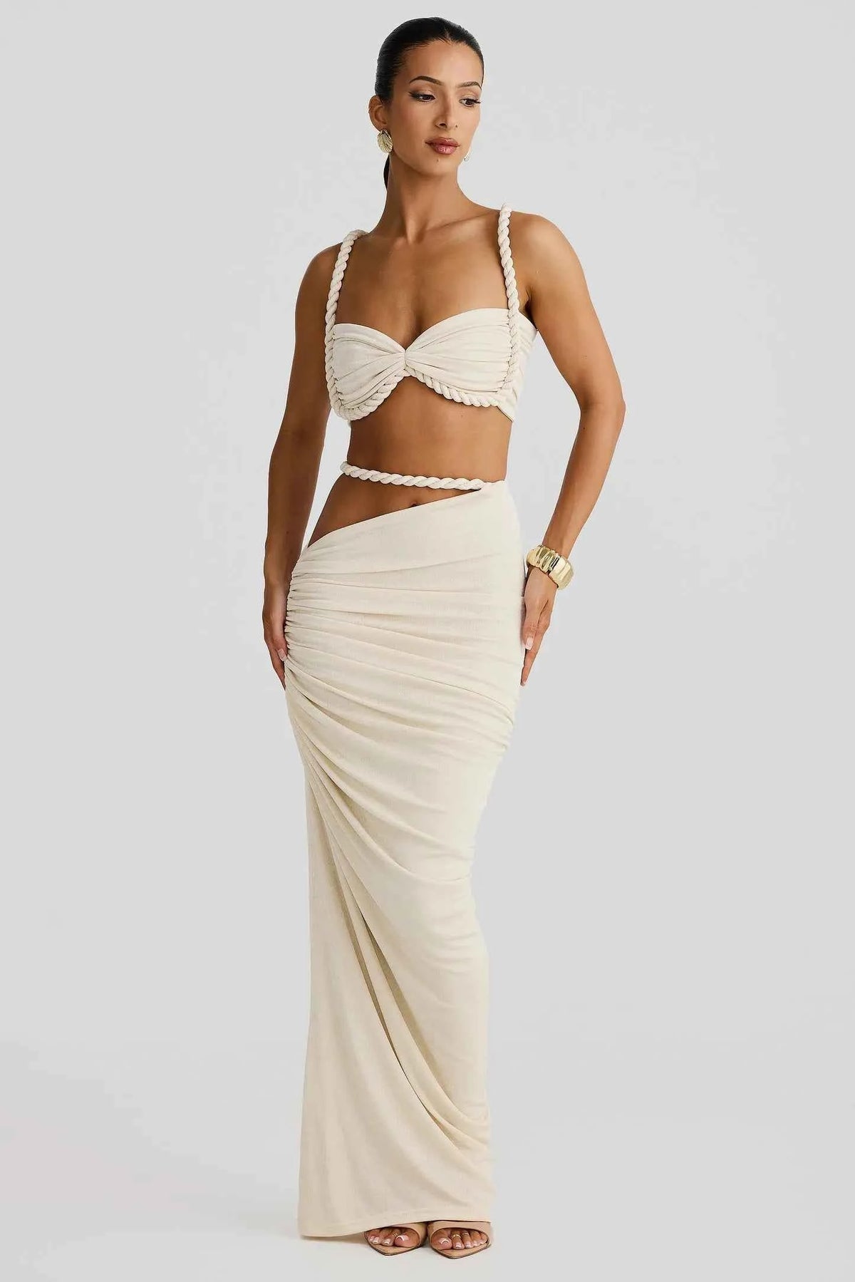 Set Women : Ensemble femme avec haut bustier et jupe longue à bretelles tressées et fronces latérales dans Orange de Marche Lino