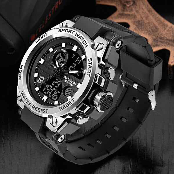 watches : Montre Homme Noire Militaire - Montre-bracelet analogique étanche avec Cadran Multifonction dans Argent de Marche Lino