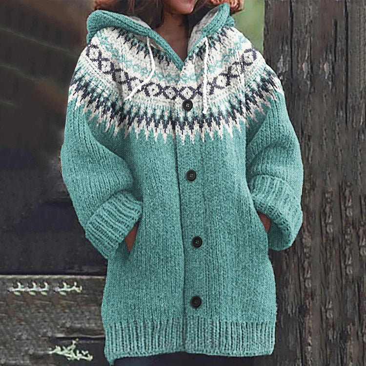 Cardigan en Maille à Capuche Femme Motif Fair Isle