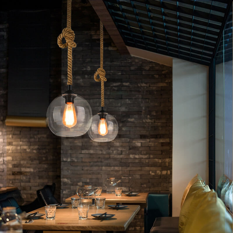 Pendants : Suspension Boule en Verre avec Corde de Chanvre - Design Vintage dans Transparent de Roselva