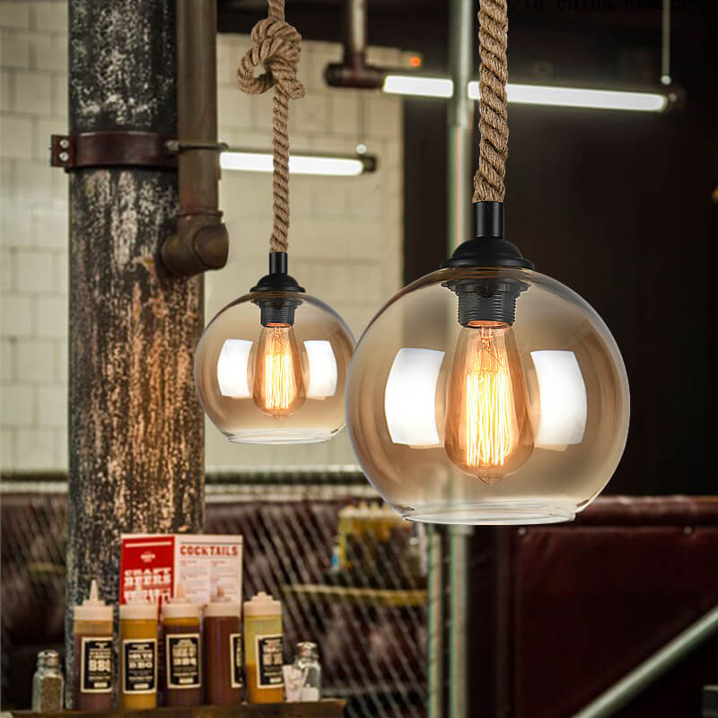 Pendants : Suspension Boule en Verre avec Corde de Chanvre - Design Vintage dans de Roselva