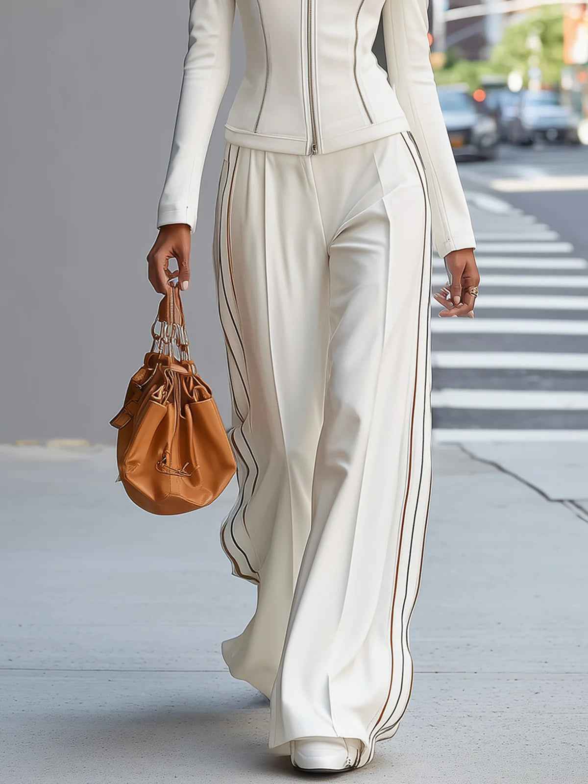 Ensemble haut zippé blanc à col montant et pantalon large