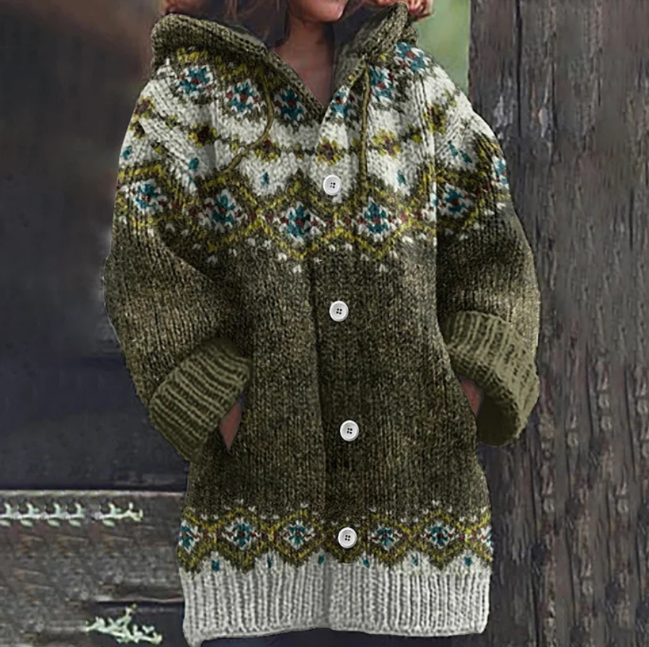 Cardigan en Maille à Capuche Femme Motif Fair Isle