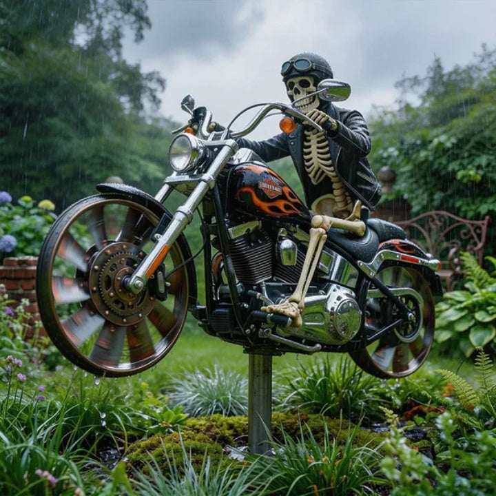 Éolienne de Jardin Motard Crâne sur Moto