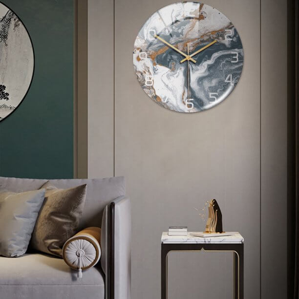 Wall Clocks : Horloge Murale Silencieuse Ø30cm, Effet Marbre Blanc Luxe Moderne pour Salon/Bureau dans de Marche Lino