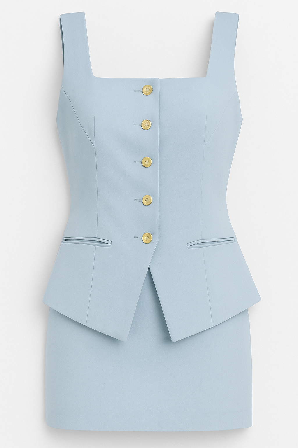 Outfit Sets : Robe tailleur courte avec boutons dorés – Élégance structurée sans manches dans Bleu clair de Marche Lino