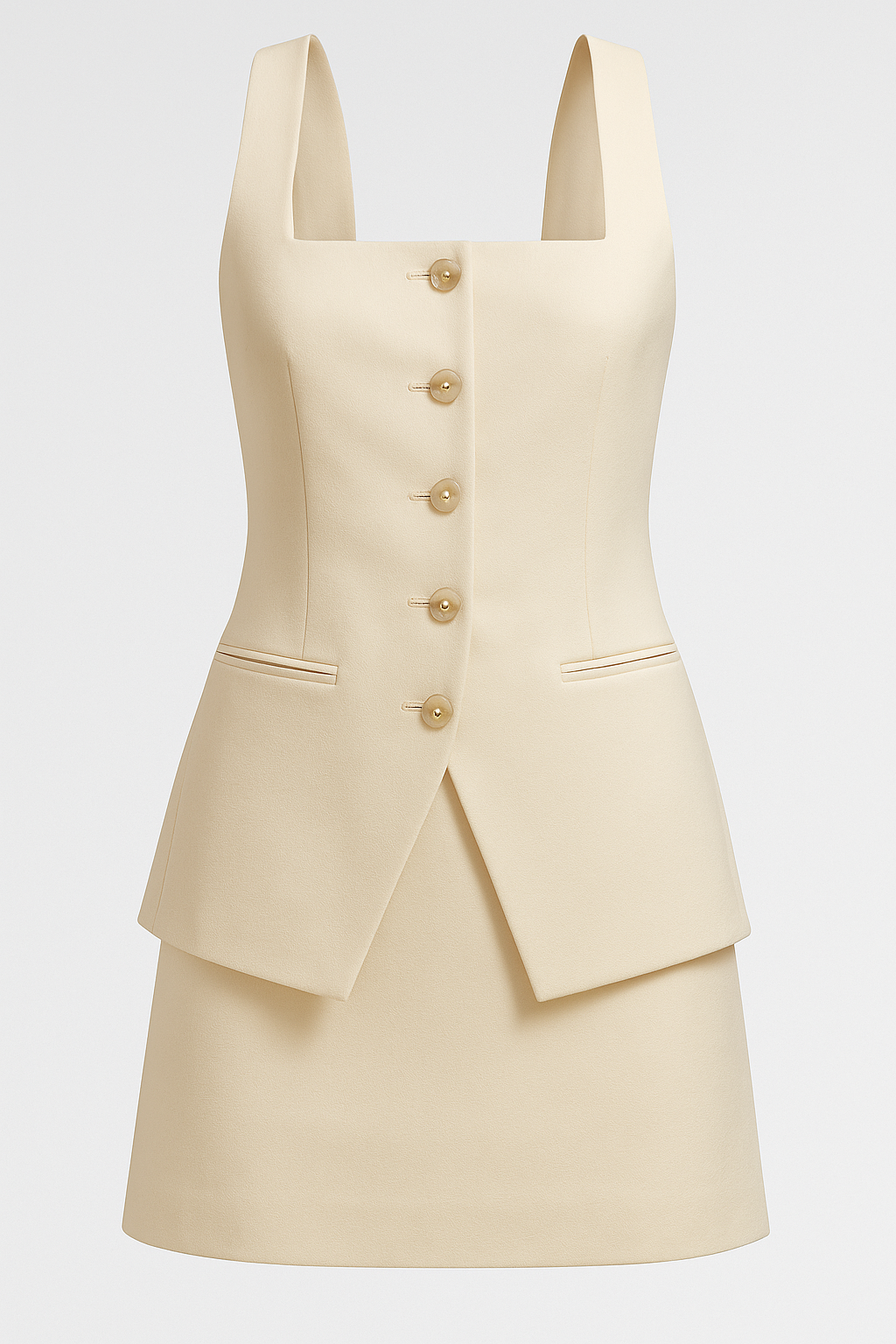 Outfit Sets : Robe tailleur courte avec boutons dorés – Élégance structurée sans manches dans Abricot de Marche Lino