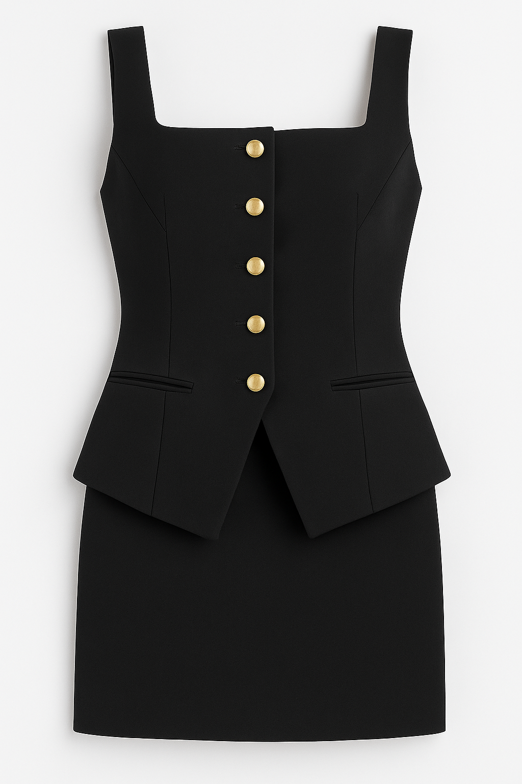 Outfit Sets : Robe tailleur courte avec boutons dorés – Élégance structurée sans manches dans Néra de Marche Lino
