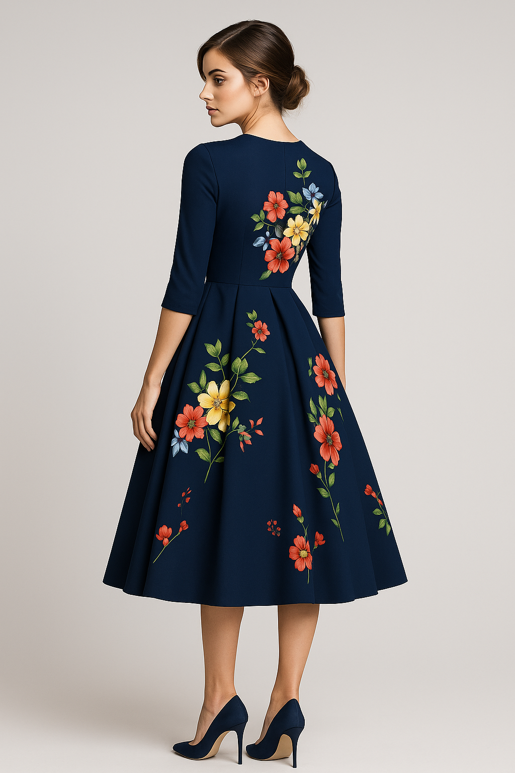 Robe midi à imprimé floral et manches 3/4 Femme