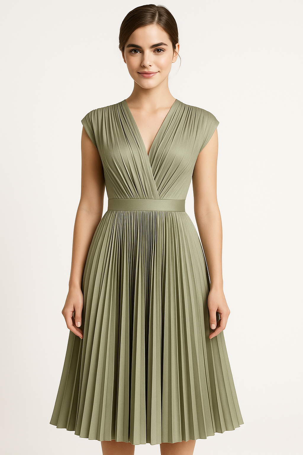 Robe Midi Femme Élégante Plissée avec Décolleté en V - Parfaite pour Chaque Occasion