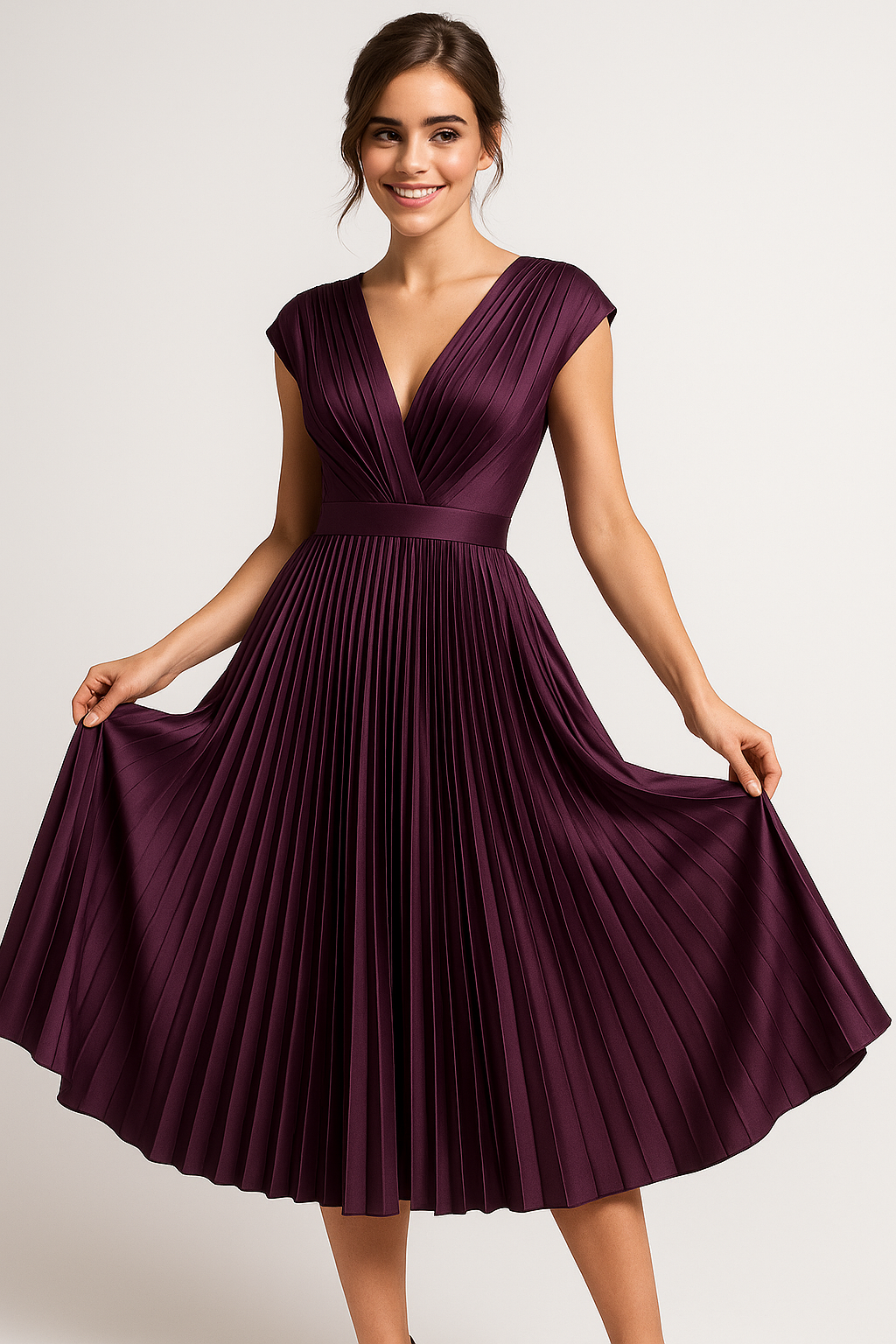 Robe Midi Femme Élégante Plissée avec Décolleté en V - Parfaite pour Chaque Occasion