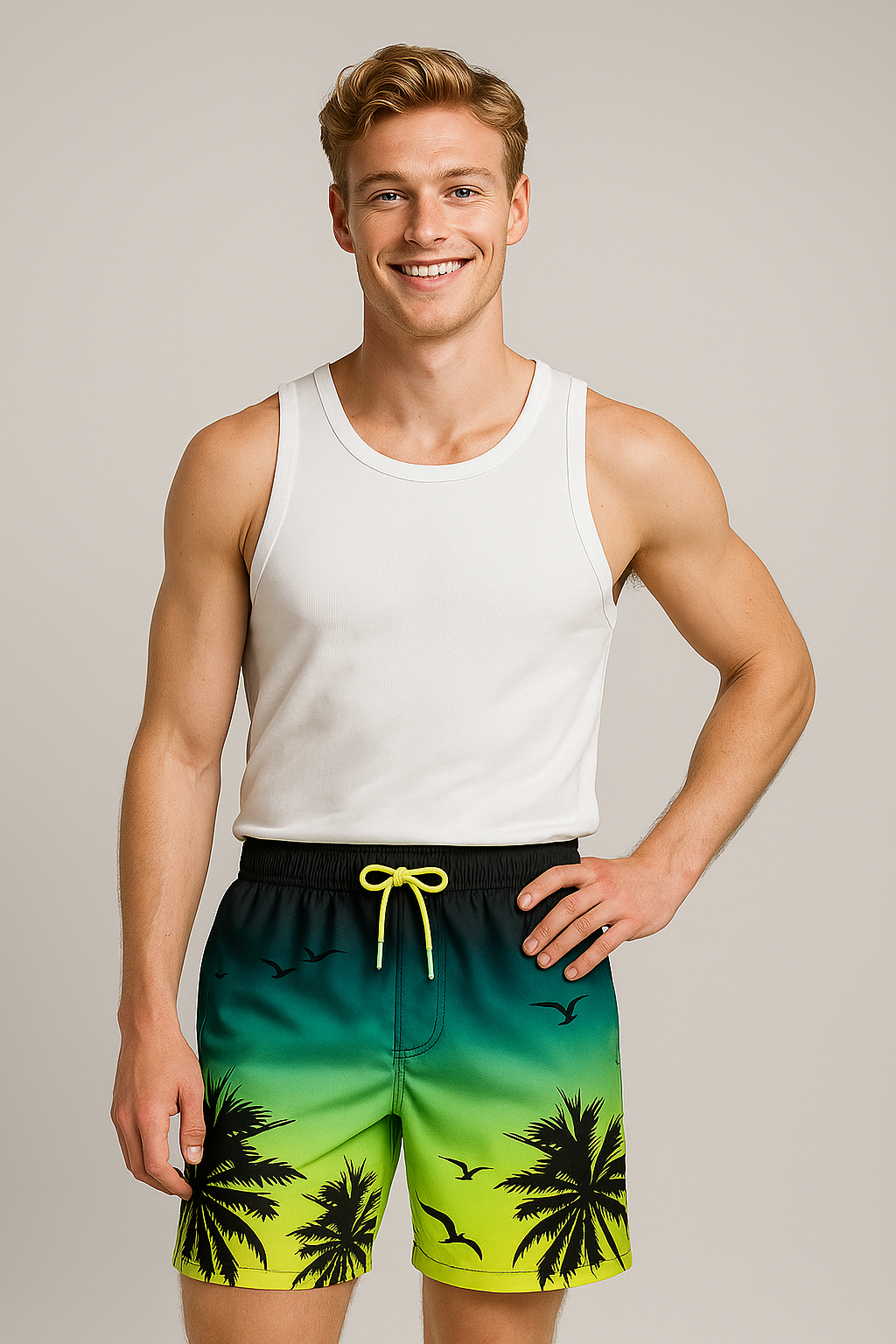 Boxer Homme Imprimé Palmiers Coucher de soleil, Coton Doux, Motif Exotique
