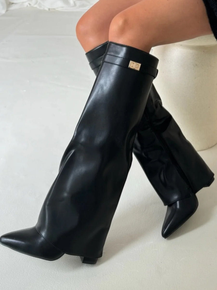 women's boots : Bottes Cuissardes en Suede de Luxe pour Femmes dans Noir Cuir de Marche Lino