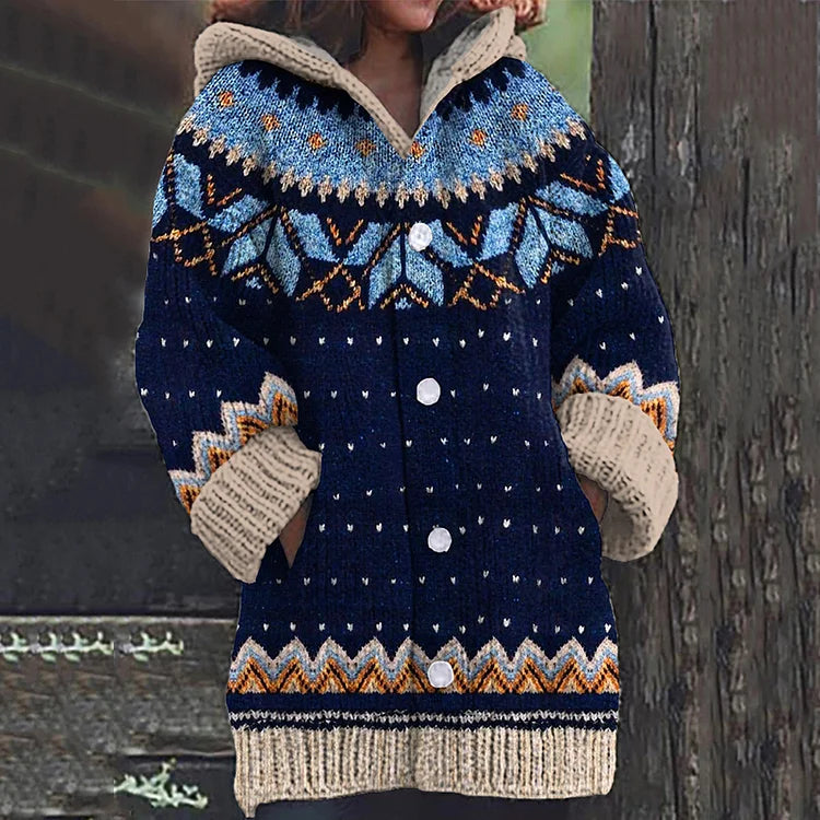 Cardigan en Maille à Capuche Femme Motif Fair Isle
