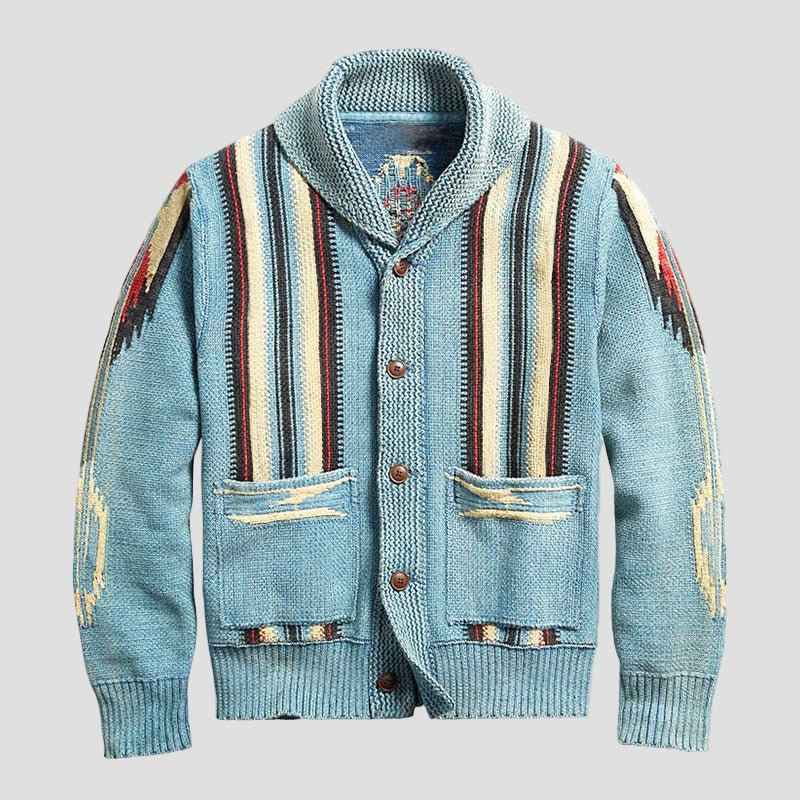 Cardigan Homme Vintage en Tricot Jacquard à Revers, Style Intemporel et Confort Douillet