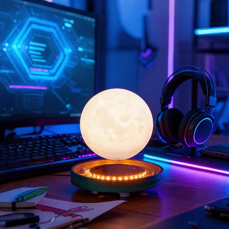 Home Decor : Lampe Lévitante EtherealOrbit – Lumière Flottante Magnétique Lune & Saturne dans de Marche Lino