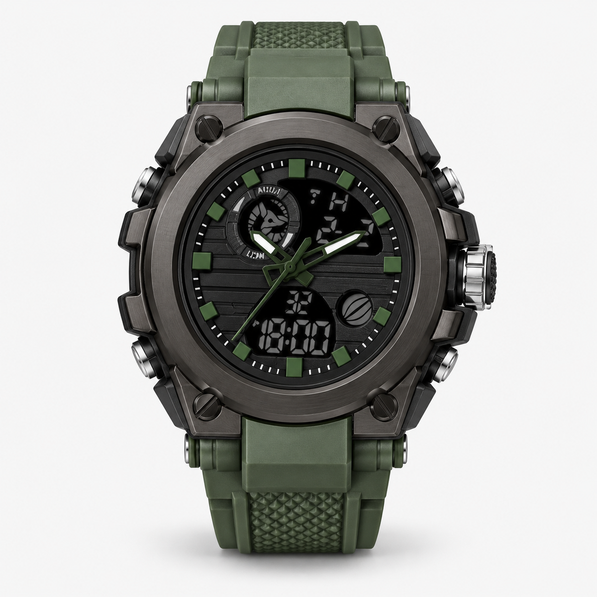 Watch : Montre Digitale Homme TitanGuard Noire - Étanche 50m, Robuste Militaire Tactique Multi-fonctions dans Vert olive de Marche Lino