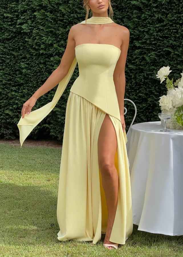 Maxi Dress : Robe longue fluide fendue femme - Élégante, confortable, sans bretelles avec ruban dans de Marche Lino