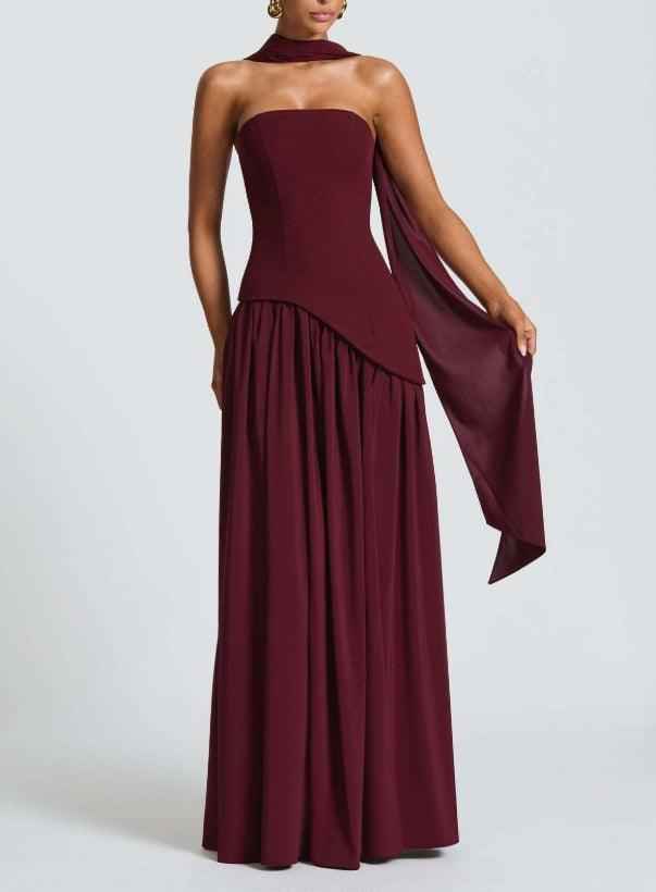 Maxi Dress : Robe longue fluide fendue femme - Élégante, confortable, sans bretelles avec ruban dans Rouge Bourgogne de Marche Lino