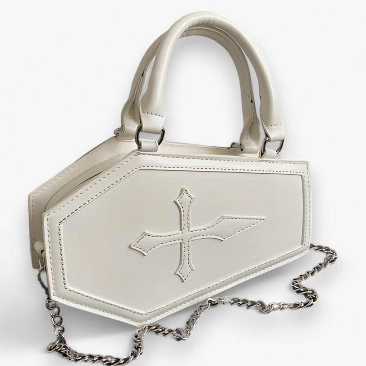 Handbag : Sac à Main Gothique en Forme de Cercueil avec Chaîne pour Halloween dans Blanc 24.5x6x15cm de Marche Lino