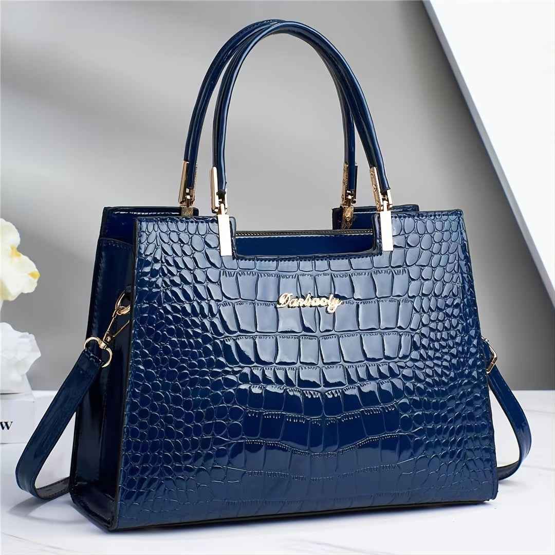 Handbag : Sac à main femme cuir véritable brillant – Grand, élégant et chic dans Bleu de Marche Lino