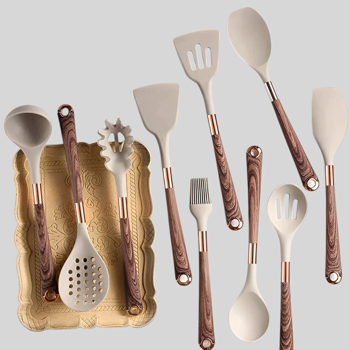 Set ustensiles cuisine silicone 10 pièces, poignées confortables