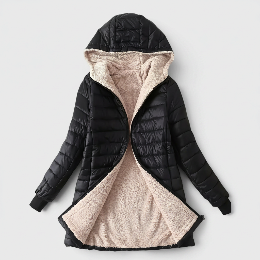 Jackets : Veste Mi-Longue à Capuche Femme Doublée Polaire dans Noir de Roselva