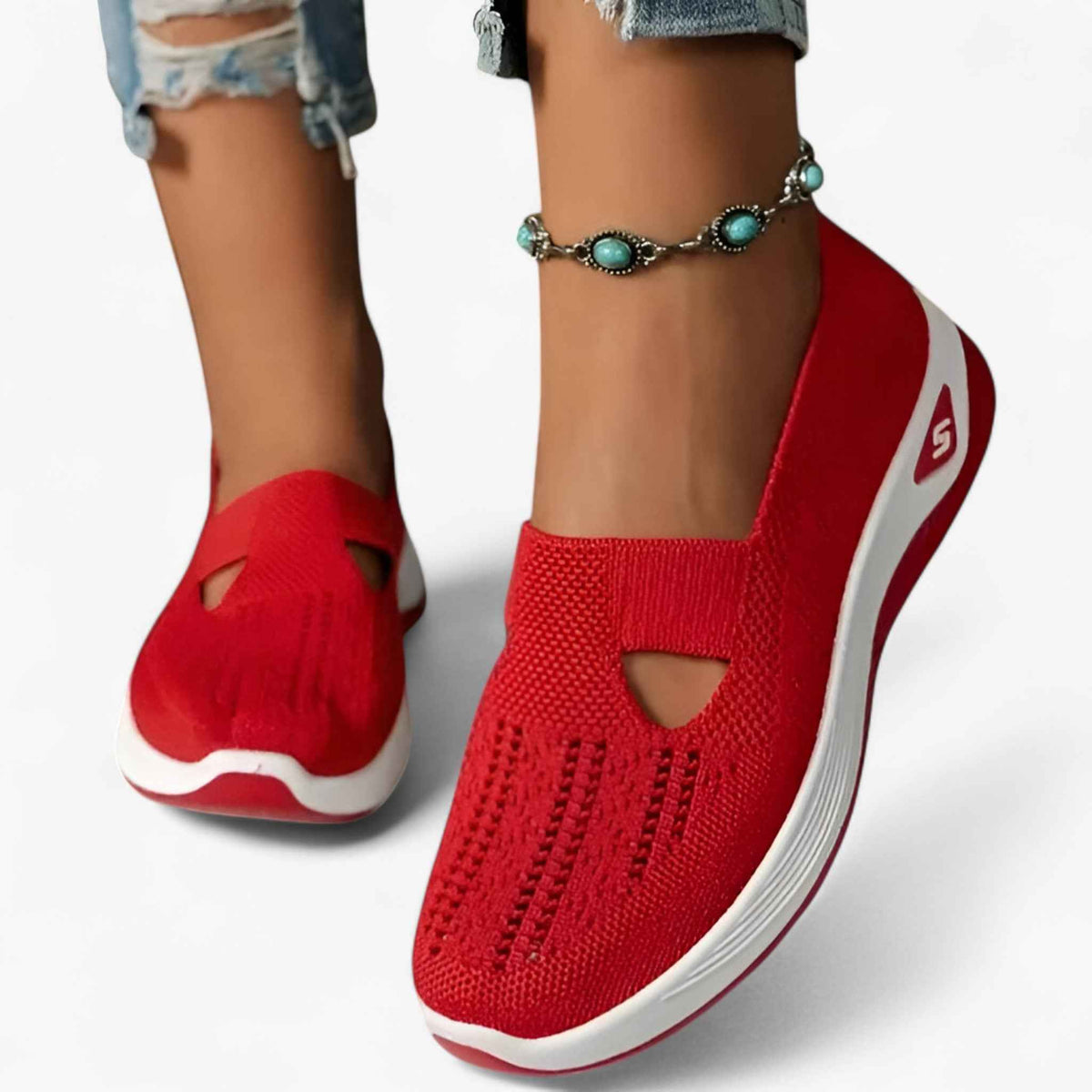 Sneakers : Chaussures Femme en Denim Légères & Confortables avec Amorti Efficace - Qualite Premium, Confort Optimal dans Rouge de Marche Lino