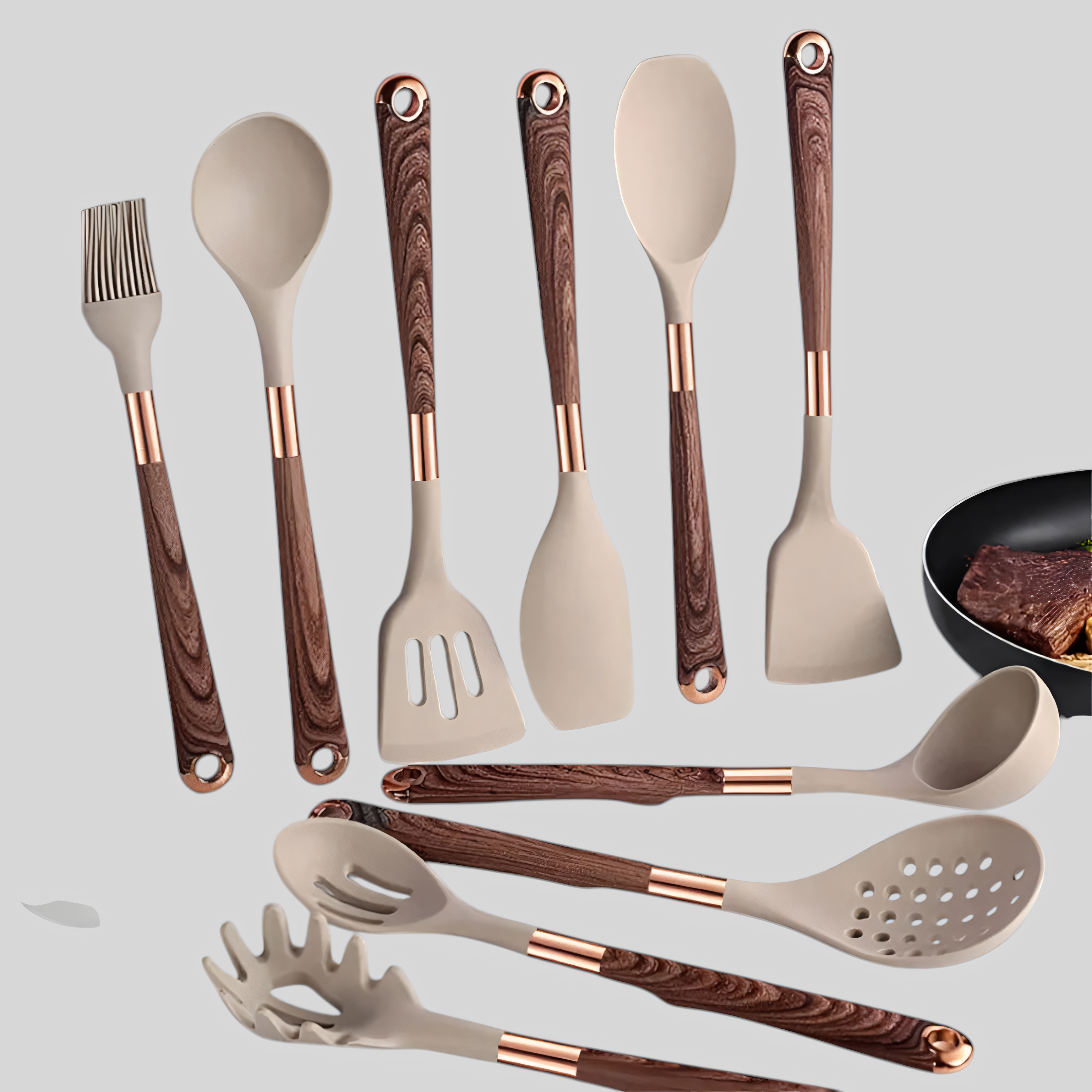 Set ustensiles cuisine silicone 10 pièces, poignées confortables
