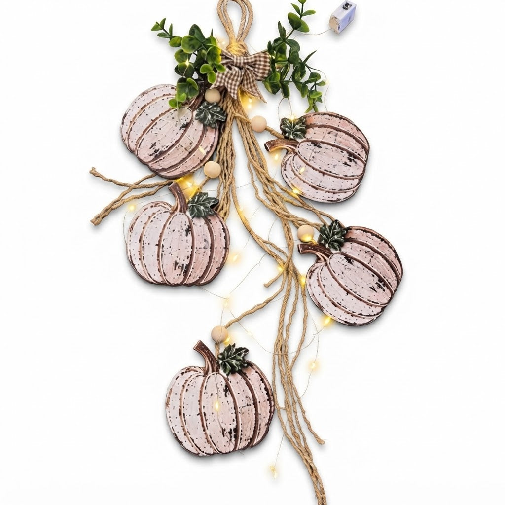 Suspension de Porte Citrouilles en Bois - Lot de 5 avec Nœud à Carreaux