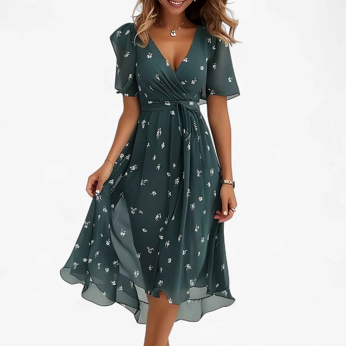 Dresses : Robe Midi Florale Neutre en Similicuir pour Femme - Élégante, Polyvalente dans Vert de Marche Lino