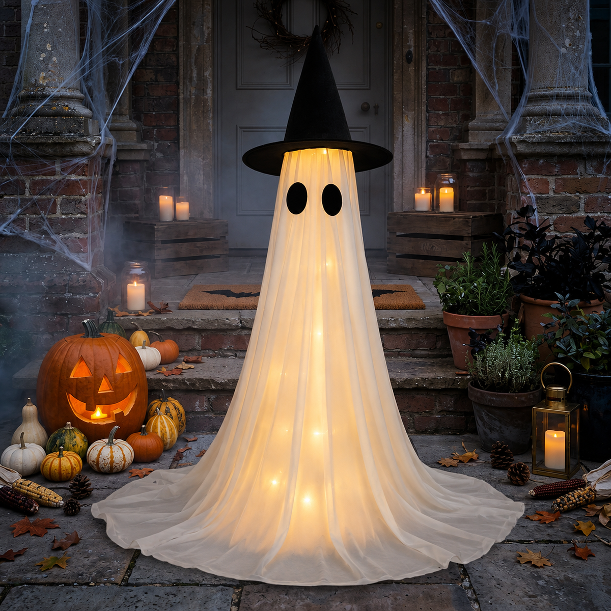 Fantôme Lumineux avec Chapeau de Sorcière - Décoration d'Halloween LED
