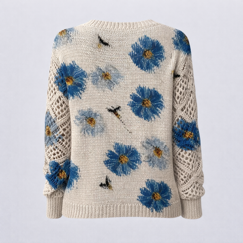 Pull Femme Floral à Col en V Manches Longues Mode Florale