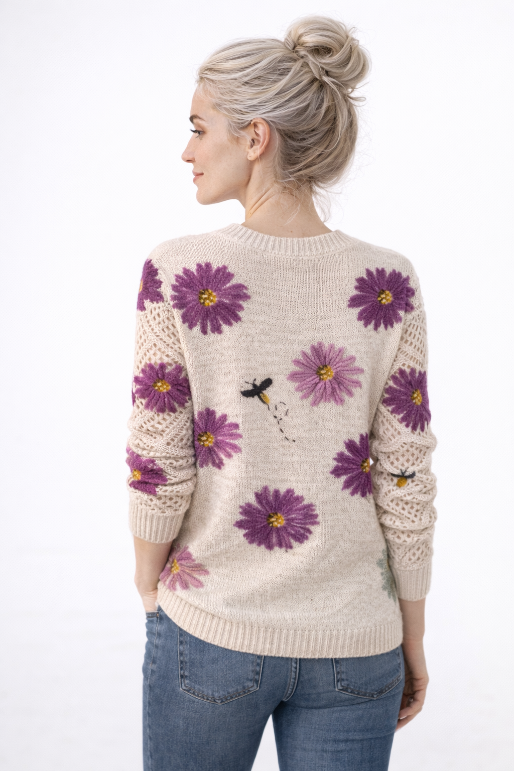 Pull Femme Floral à Col en V Manches Longues Mode Florale