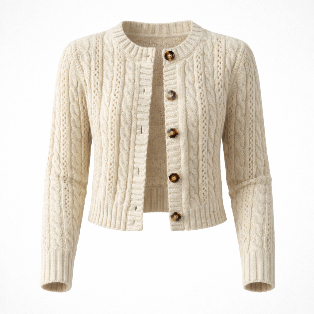 Cardigan : Cardigan Femme Maille Câblée Boutons Bois Manches Longues Coupe Courte dans abricot de Marche Lino
