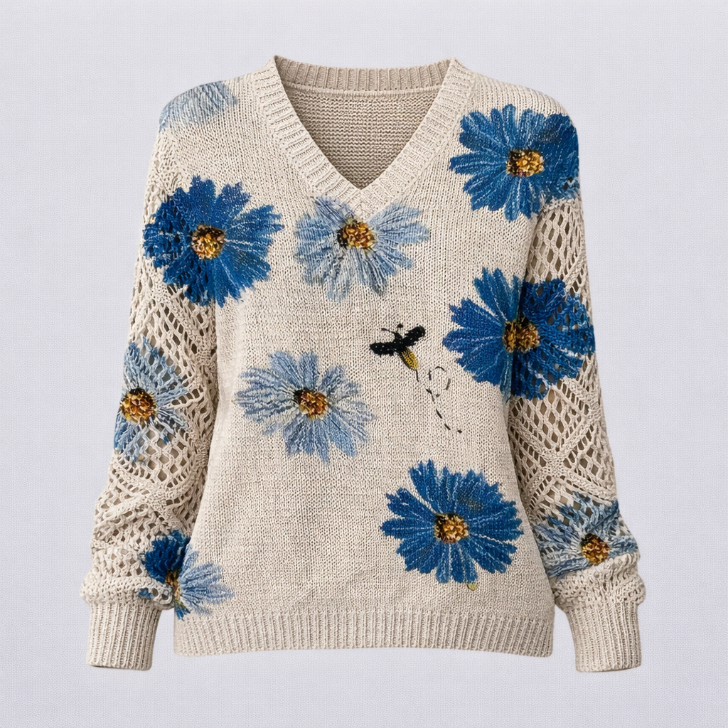 Pull Femme Floral à Col en V Manches Longues Mode Florale