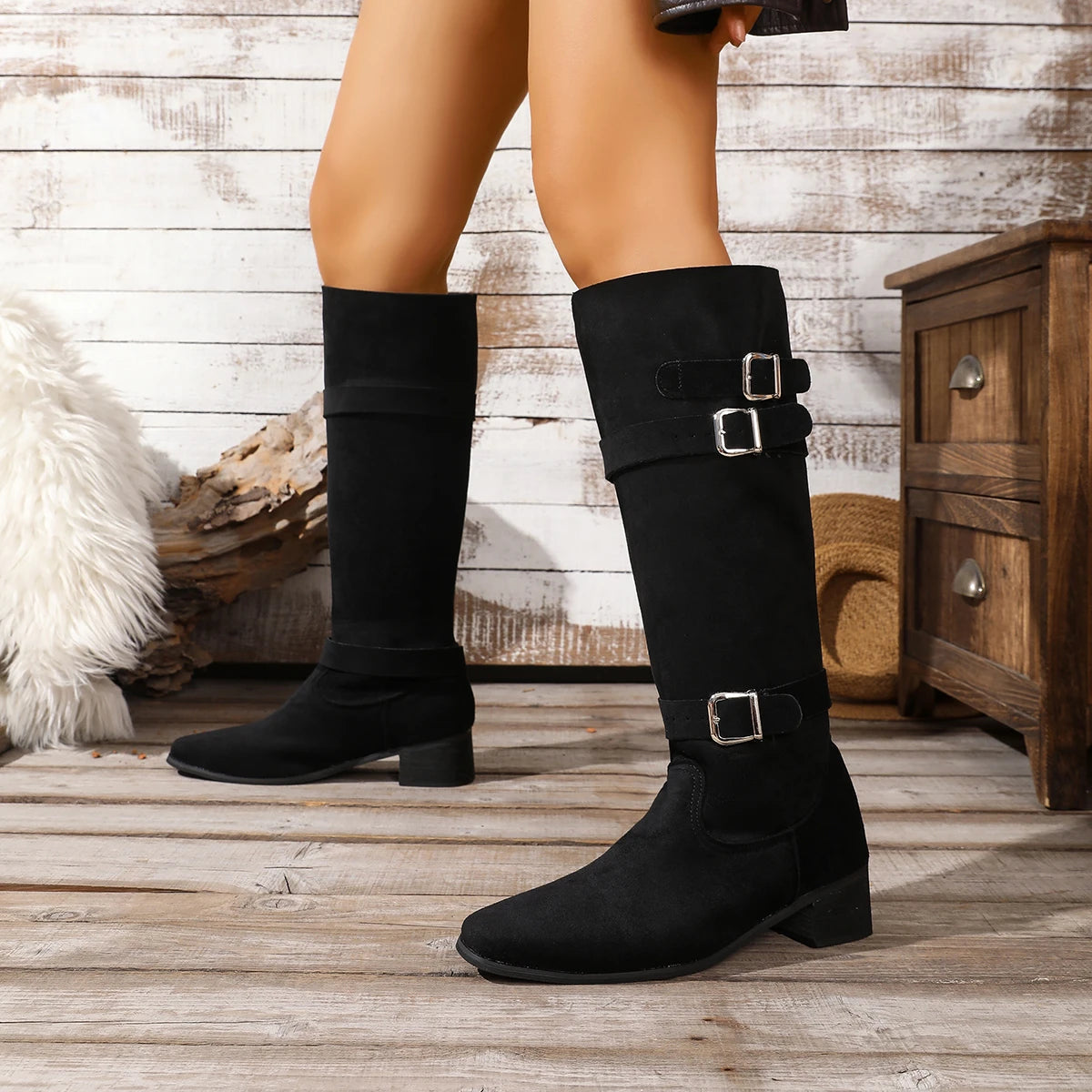 Bottes Femme Hautes à Talons Épais Kaki 5