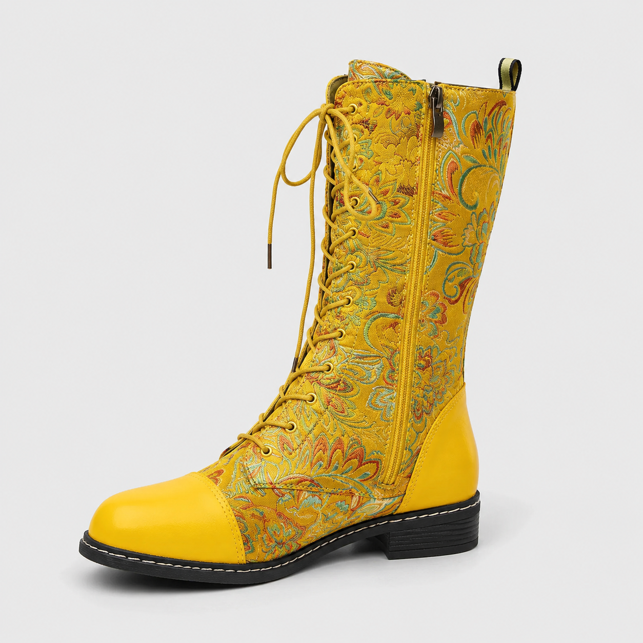 Bottes pour femmes : Bottes Femme Rétro Brodé Cuir Confortables - Style Vintage Élégant dans Jaune de Marche Lino