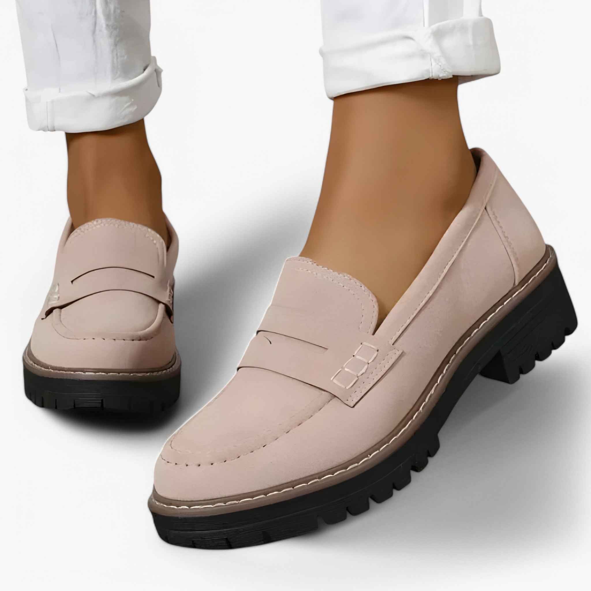 Loafers : Mocassins Tykkede Femme en Cuir Noir - Confortables et Élégants dans Beige de Marche Lino