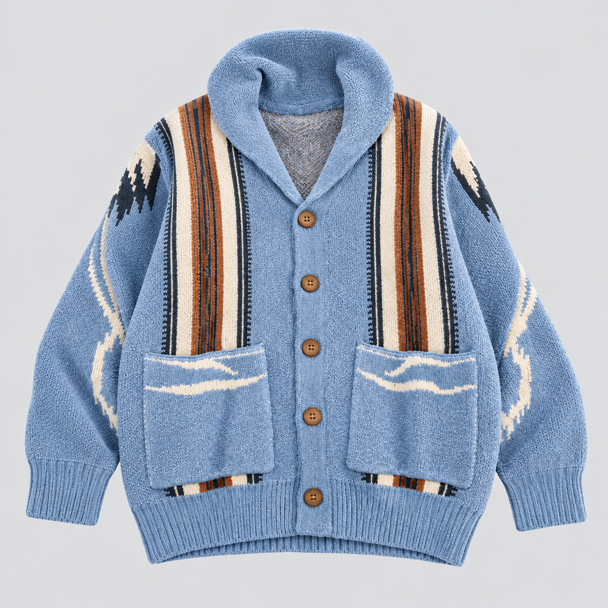 men's cardigan : Cardigan Homme en Chenille à Boutons avec Motif Géométrique Vintage dans Light Blue de Marche Lino