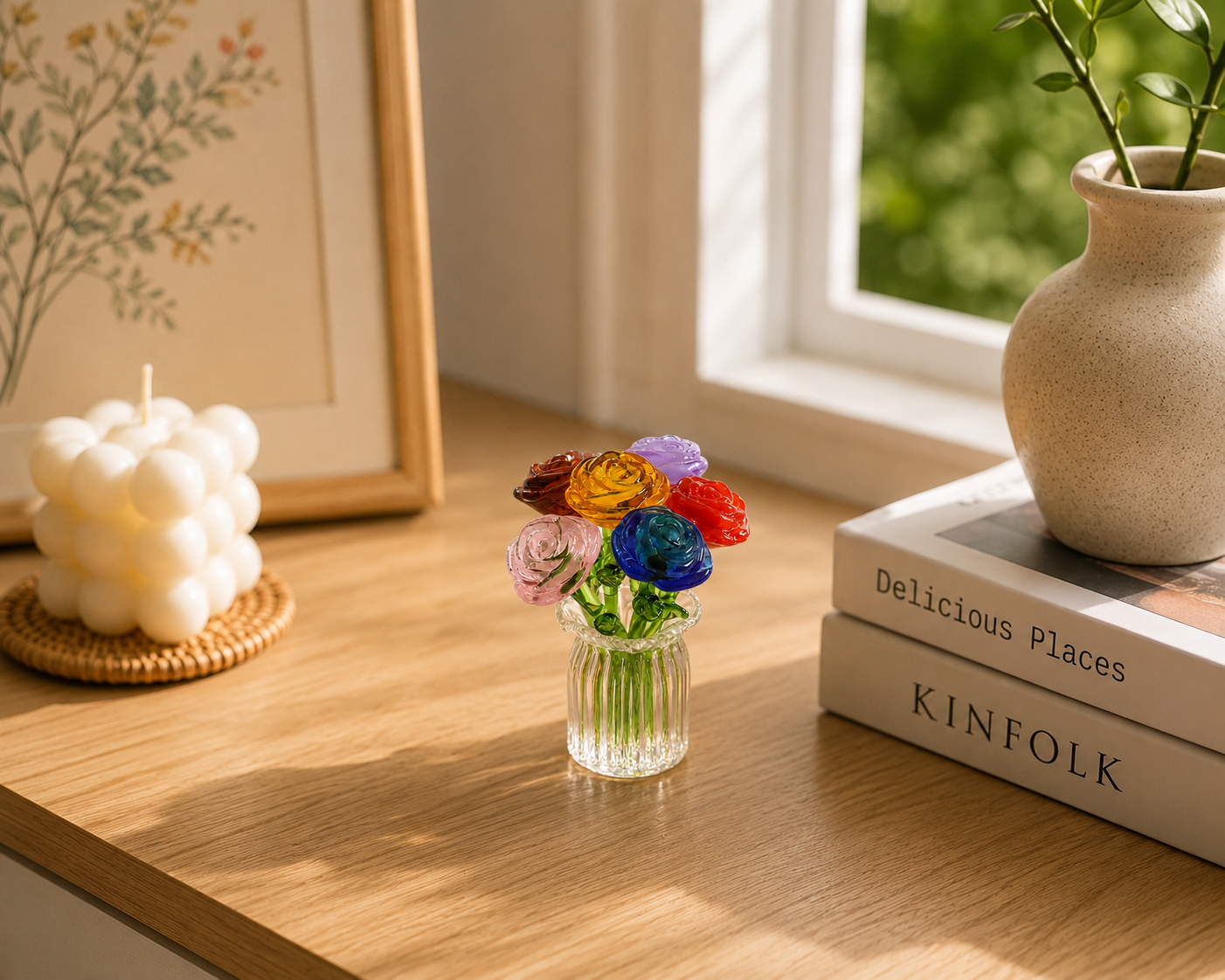 Fleurs en verre miniatures colorées - Décoration durable avec vase