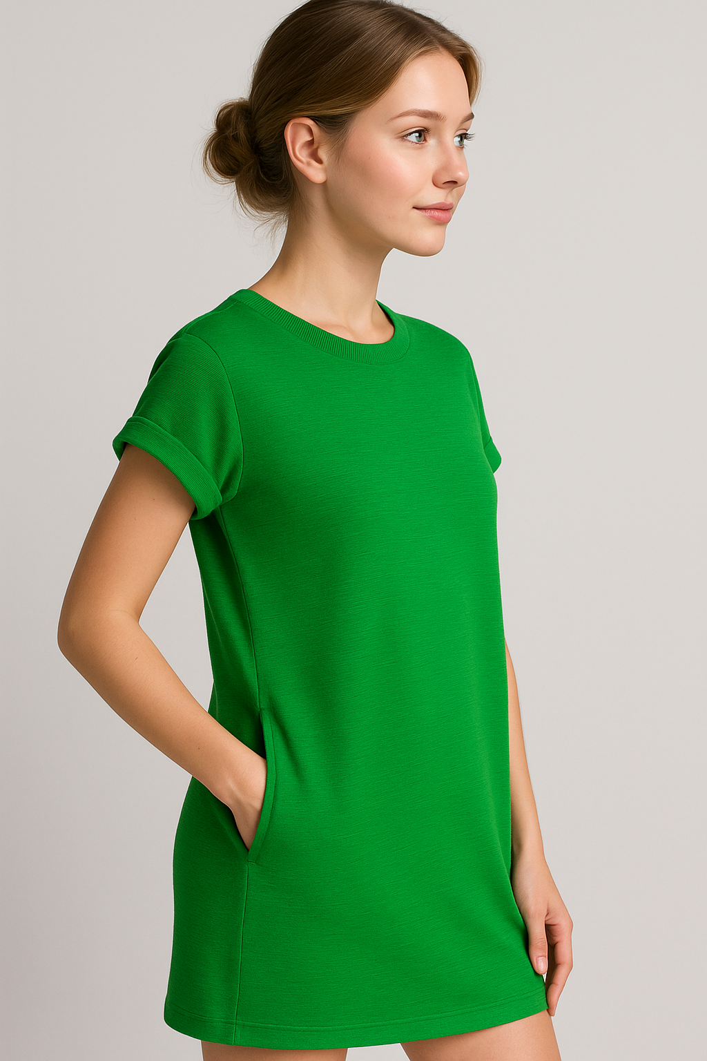 Robe d'été décontractée pour femme en coton doux avec poches, col rond et manches courtes