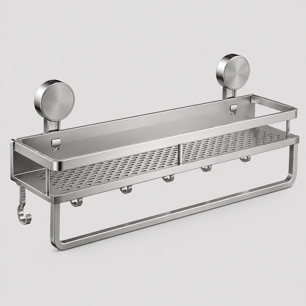 Étagère de salle de bain en aluminium avec ventouses - Étagère murale avec crochets